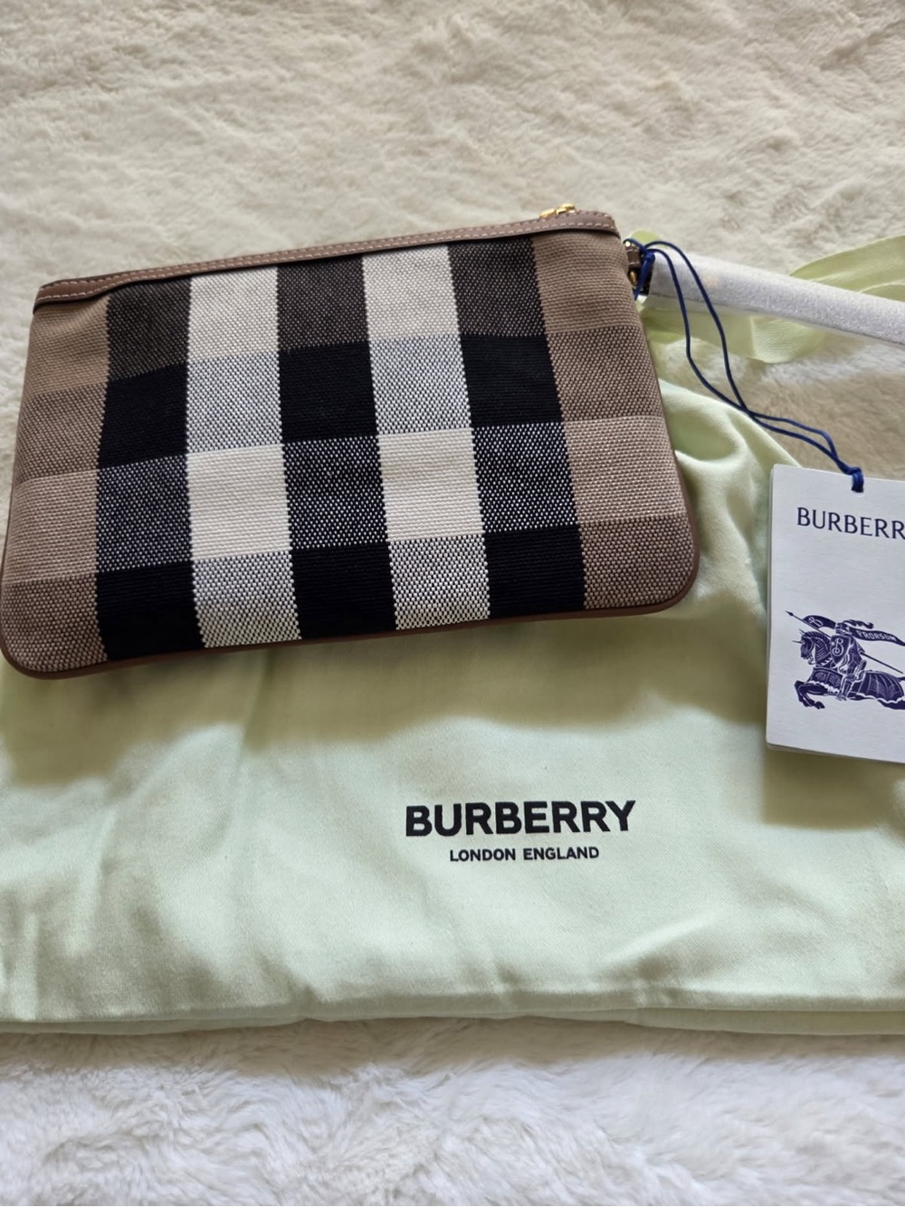 Authentic Burberry Black, Beige & White Check Wristlet Clutch